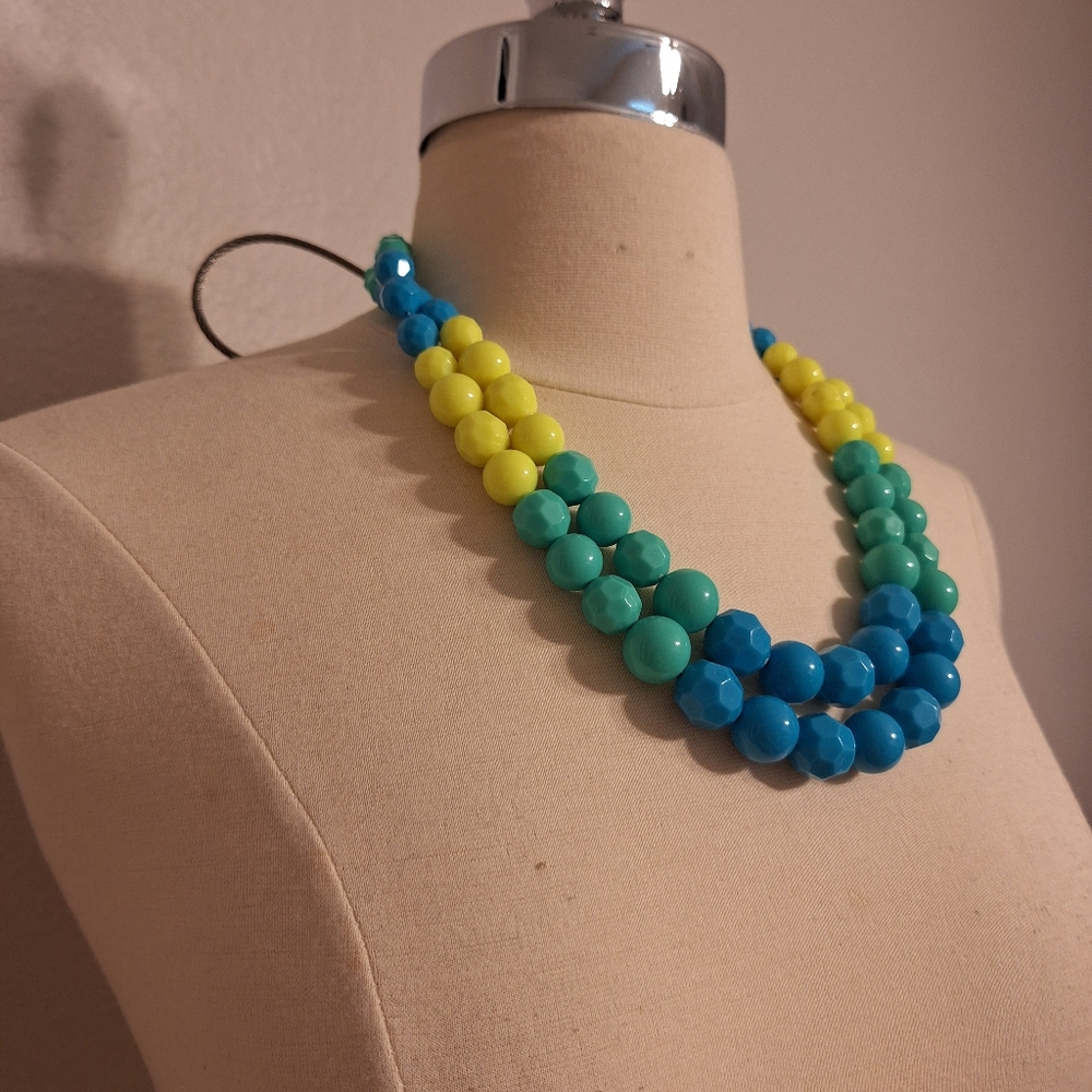 Womens Geometric Turquoise Blue Yellow Beaded Double 20" Inch Necklace Fashion
